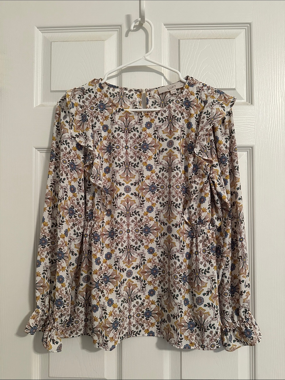 LOFT White Floral Ruffle Blouse with Blue & Mustard